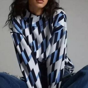 Maeve by Anthropologie Blue & White Mock Neck Geometric Sweater